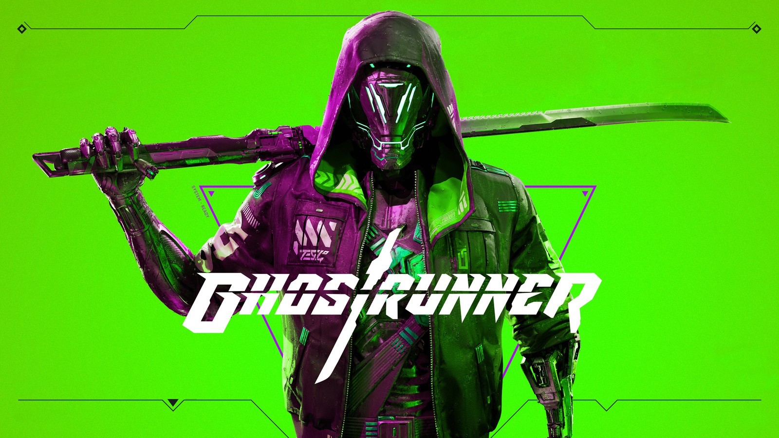 A man in a hoodie holding a baseball bat and a green background (ghostrunner, pc games, playstation 4, xbox one, nintendo switch)