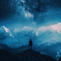 milky way, mountains, person silhouette, 5k, winter wallpaper