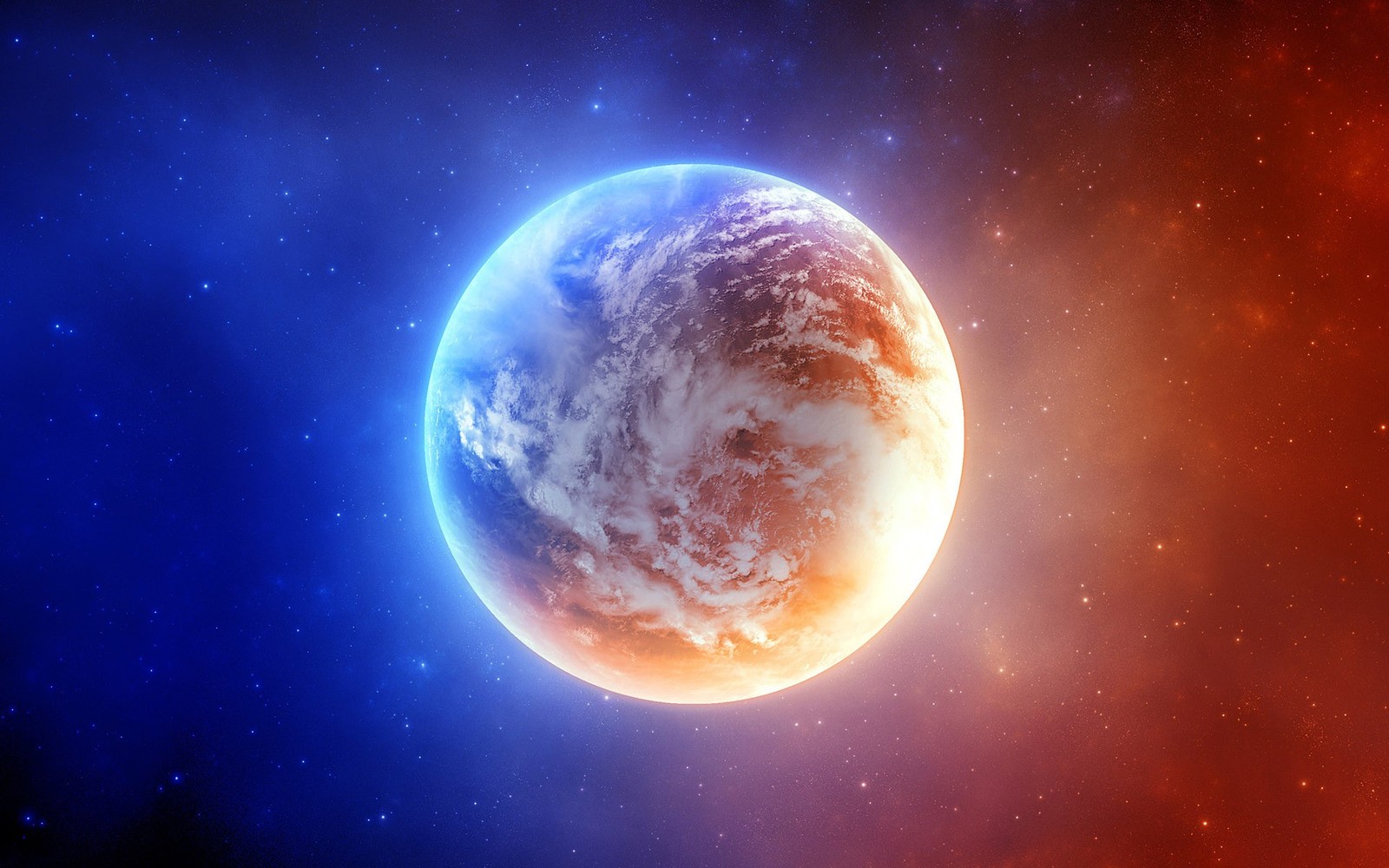 A blue and red planet with a bright light shining on it (planet, outer space, astronomical object, space, star)