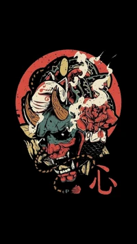 Diseño de camiseta de arte japonés que presenta una máscara mítica rodeada de elementos simbólicos