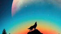 Silhouette d'un loup hurlant contre un ciel dégradé vibrant et une grande lune.