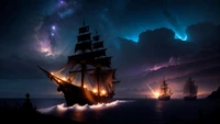 Majestic Ships Navigating a Stormy Night Under the Milky Way