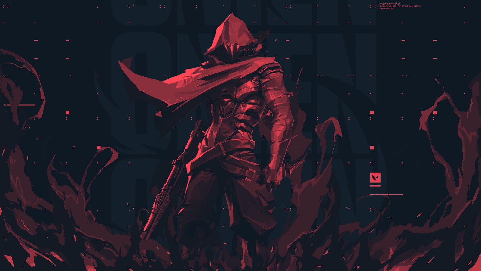 A man in a hoodedie standing in front of a dark background (valorant, riot games, red, carmine, darkness)