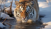 Tigre majestoso atravessando águas nevadas