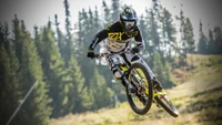 Mountainbiker in der Luft bei Freestyle-Action