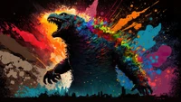 Godzilla Pop Art Coloré : Un Titan Kaiju dans un Chaos Vibrant