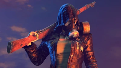 Personnage de PlayerUnknown's Battlegrounds avec masque à gaz et fusil vintage