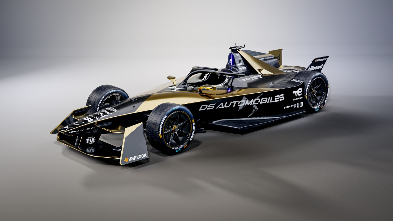 A close up of a gold and black race car on a white background (ds e tense fe 23, formula e racing car, cars, 4k wallpaper)