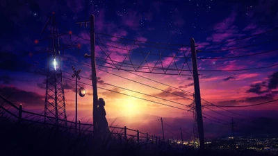 Silueta contra un atardecer colorido: un paisaje nocturno de anime