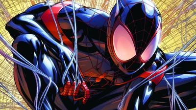 Miles Morales como Spider-Man, mostrando una dinámica acción de lanzar telarañas en un vibrante estilo de cómic.