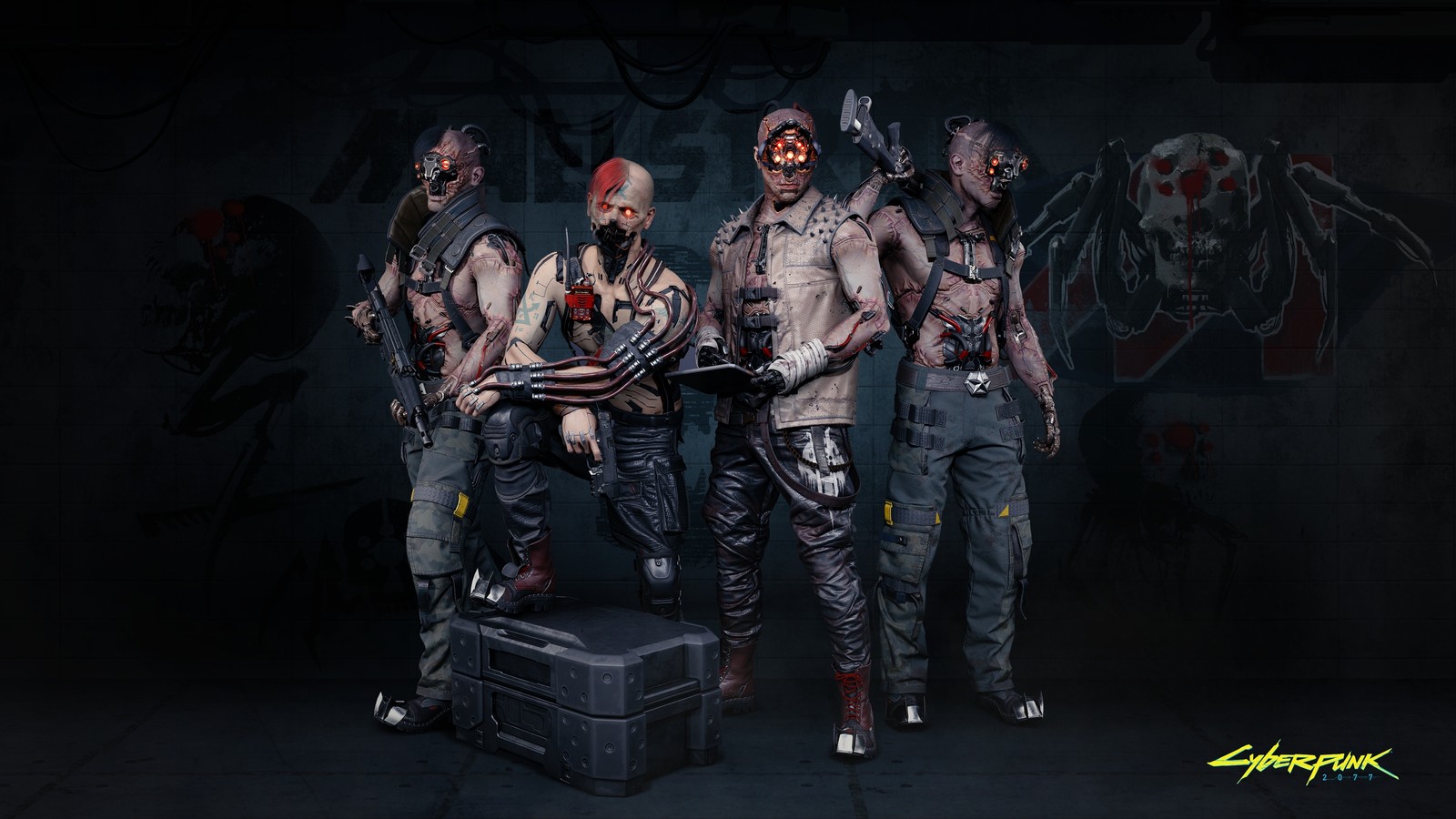 Un grupo de zombis de pie uno al lado del otro en una habitación oscura (cyberpunk 2077, videojuego, pandilla, maelstrom)