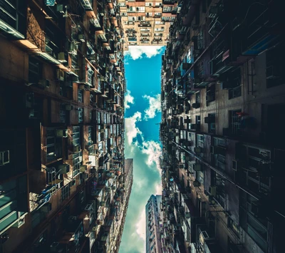 Skyward View of Urban Buildings Against a Bright Blue Sky