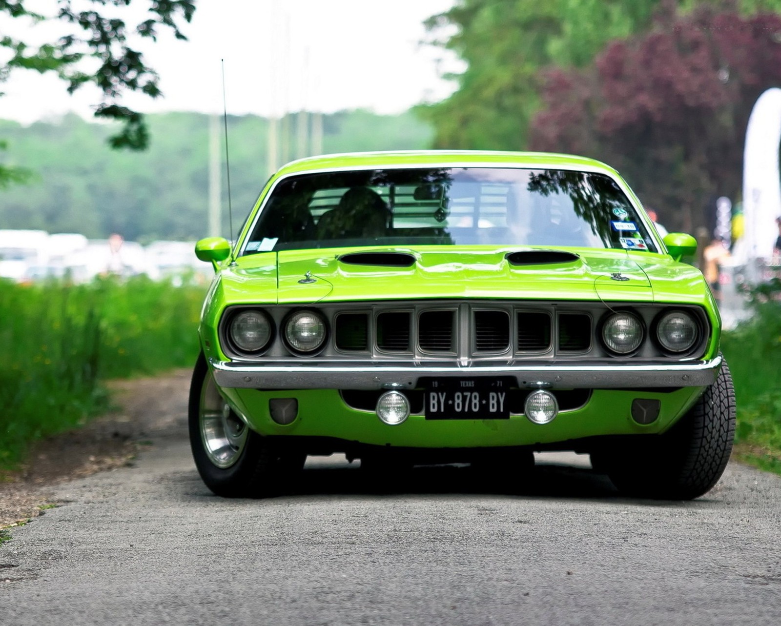 A close up of a green car parked on a road near a forest (car, green car, nature)