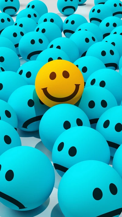 A vibrant yellow smiley face surrounded by blue frown faces.