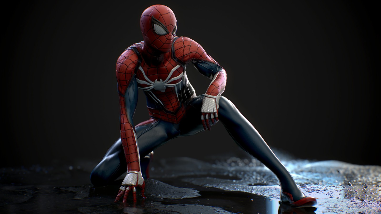 Spider-man dans un costume noir se met en position accroupie pour poser (2018, incroyable, jeu, ps4, spiderman)