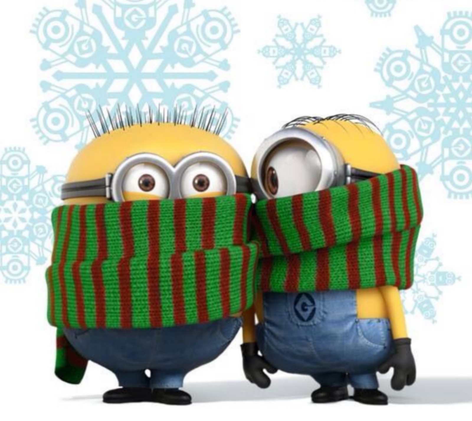 Dos minions usando bufandas y de pie uno al lado del otro (caricatura, feliz navidad, minion, invierno)