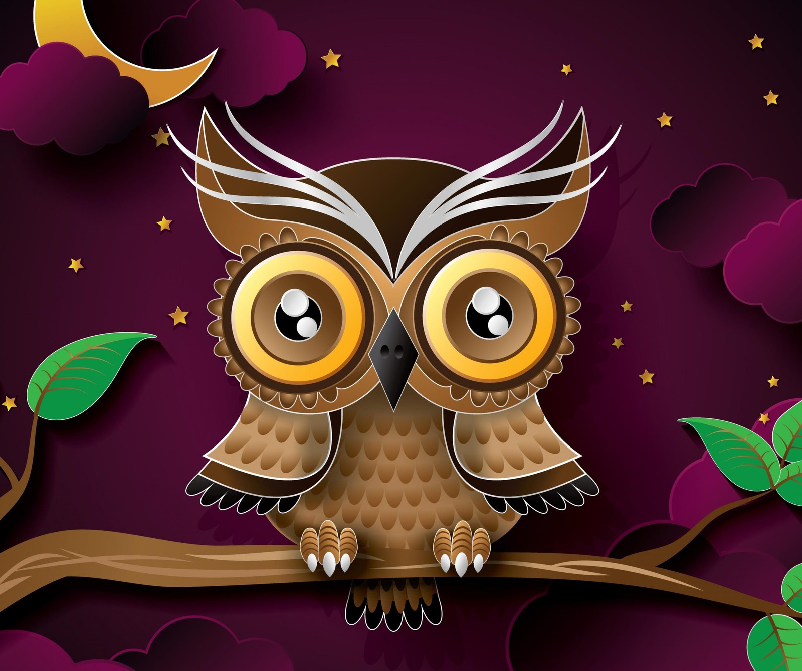 There is a cartoon owl sitting on a branch with a moon in the background (art, bird, branch, owl)