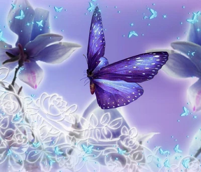 Abstract Purple Butterflies Amidst Floral Elegance