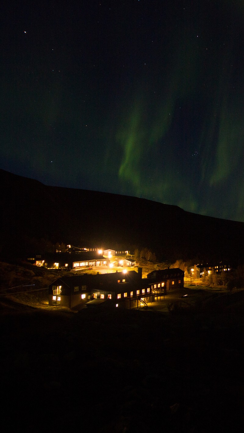 Ночной вид на город с зеленым северным сиянием в небе (аврора, ночь, norther lights, небо)