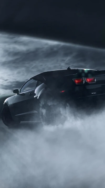 Black Chevy Camaro in a Dramatic Foggy Setting