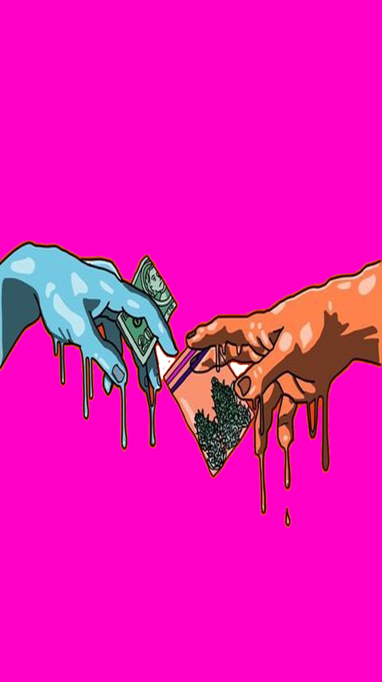 A drawing of two hands holding money and dripping paint (bears, bunny, derretido, droga, marihuana)