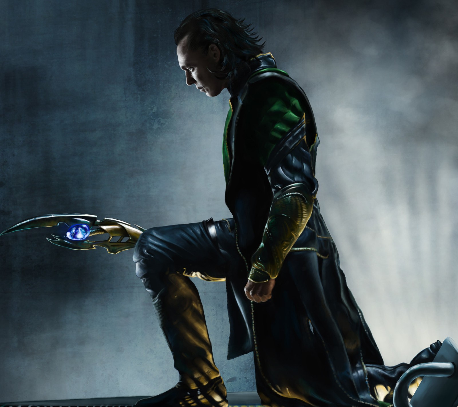 Loki de los vengadores está de pie en una motocicleta con su espada (vengadores, avengers, marvel, película)