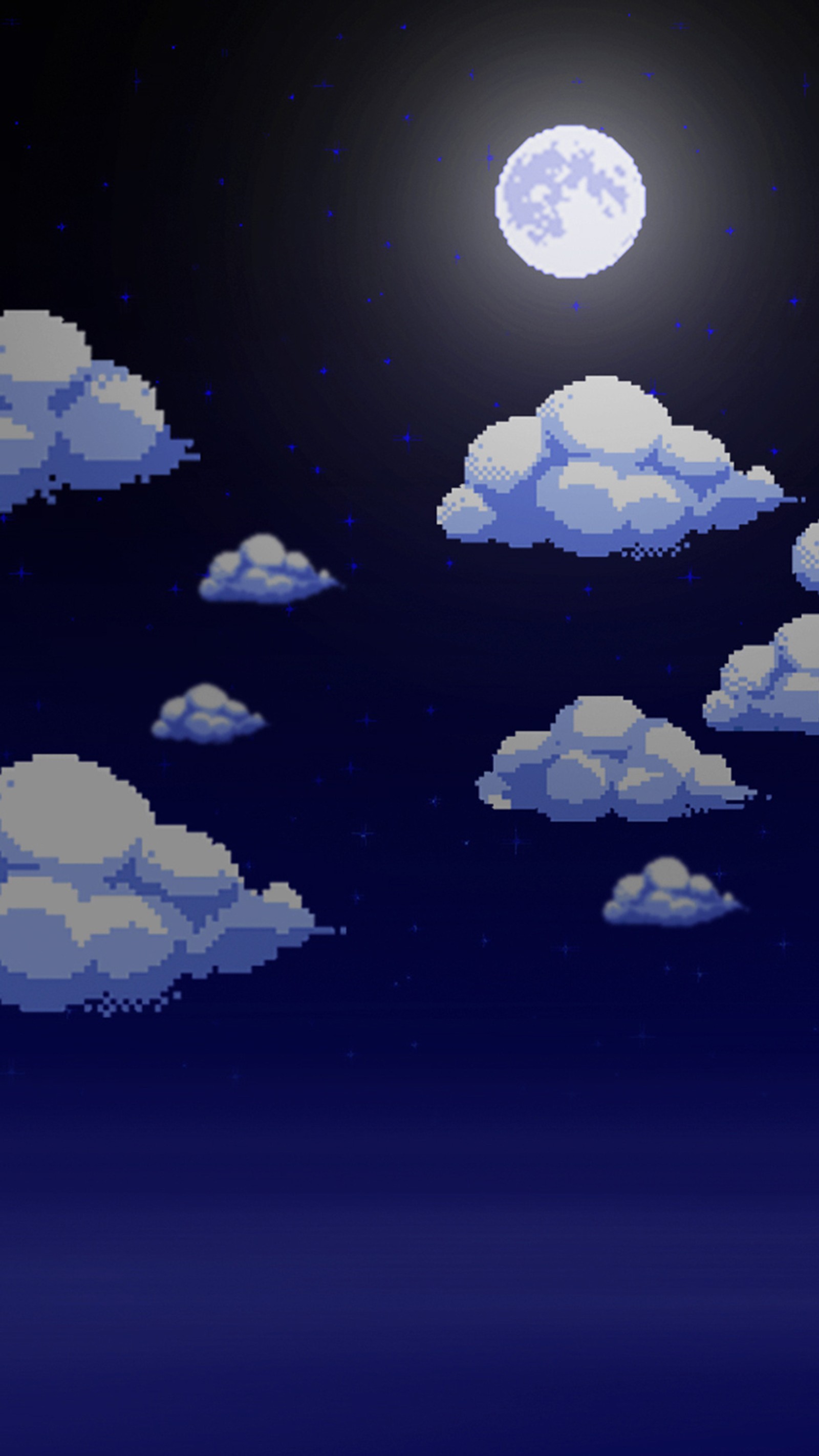 Uma imagem em pixel de uma lua cheia e nuvens (8 bits, arcade, azul, nuvem, lua)