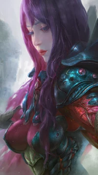 Epic Fantasy Warrior Woman with Purple Hair and Intricate Armor