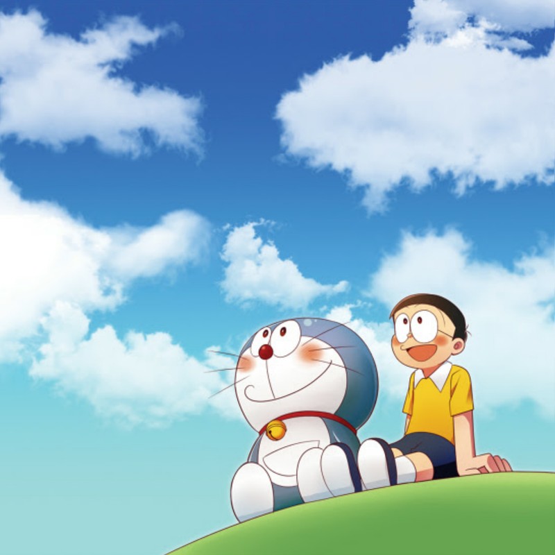 Дора и кошка сидят на холме (аниме, anime, дораэмон, doraemon, дораэмон и нобита)