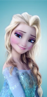 Elsa, la Reine des Neiges avec de longs cheveux blonds, affiche un sourire captivant et une tenue élégante.