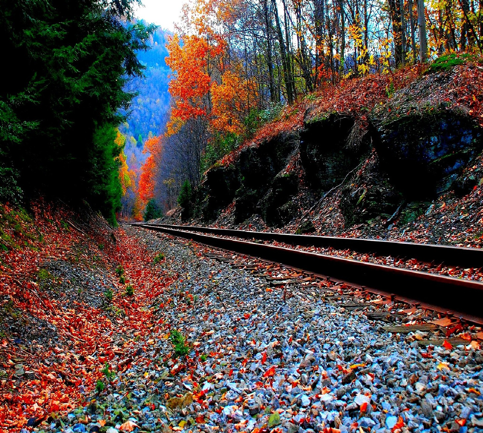 Arafed view of a train track with a mountain in the background (nature)