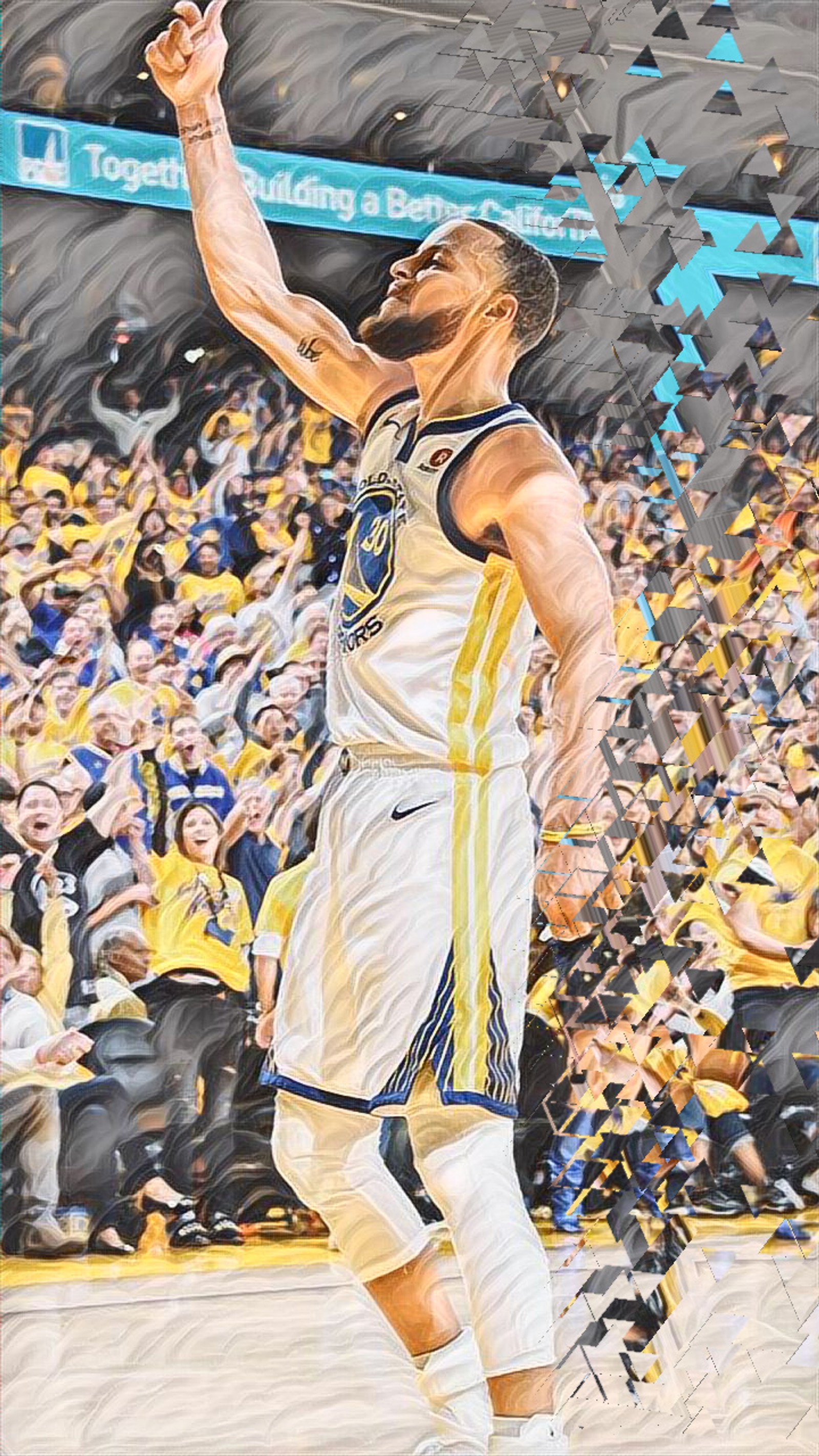 Une image graphique d'un homme célébrant un match de basket-ball devant une foule. (curry, étienne)