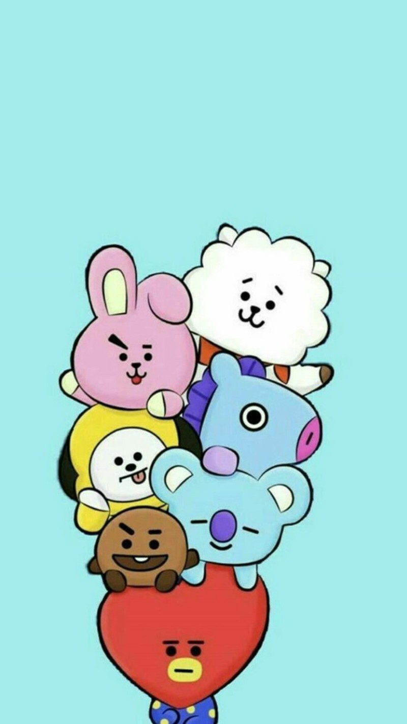 Крупный план кучи мягких игрушек на красном шаре (bt21, bts, милый, младший, k pop)