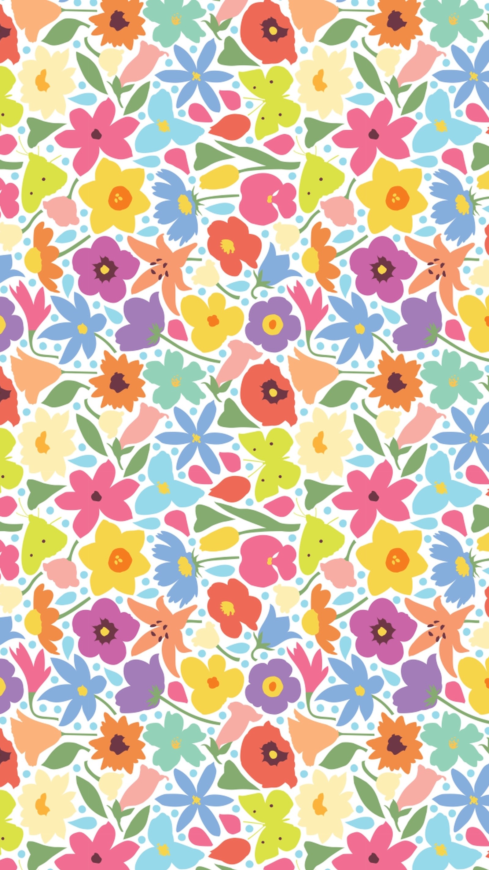 A colorful floral pattern with many different colors and sizes (floral, pattern)