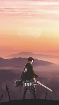 Paisagem épica de anime com Levi Ackerman ao crepúsculo