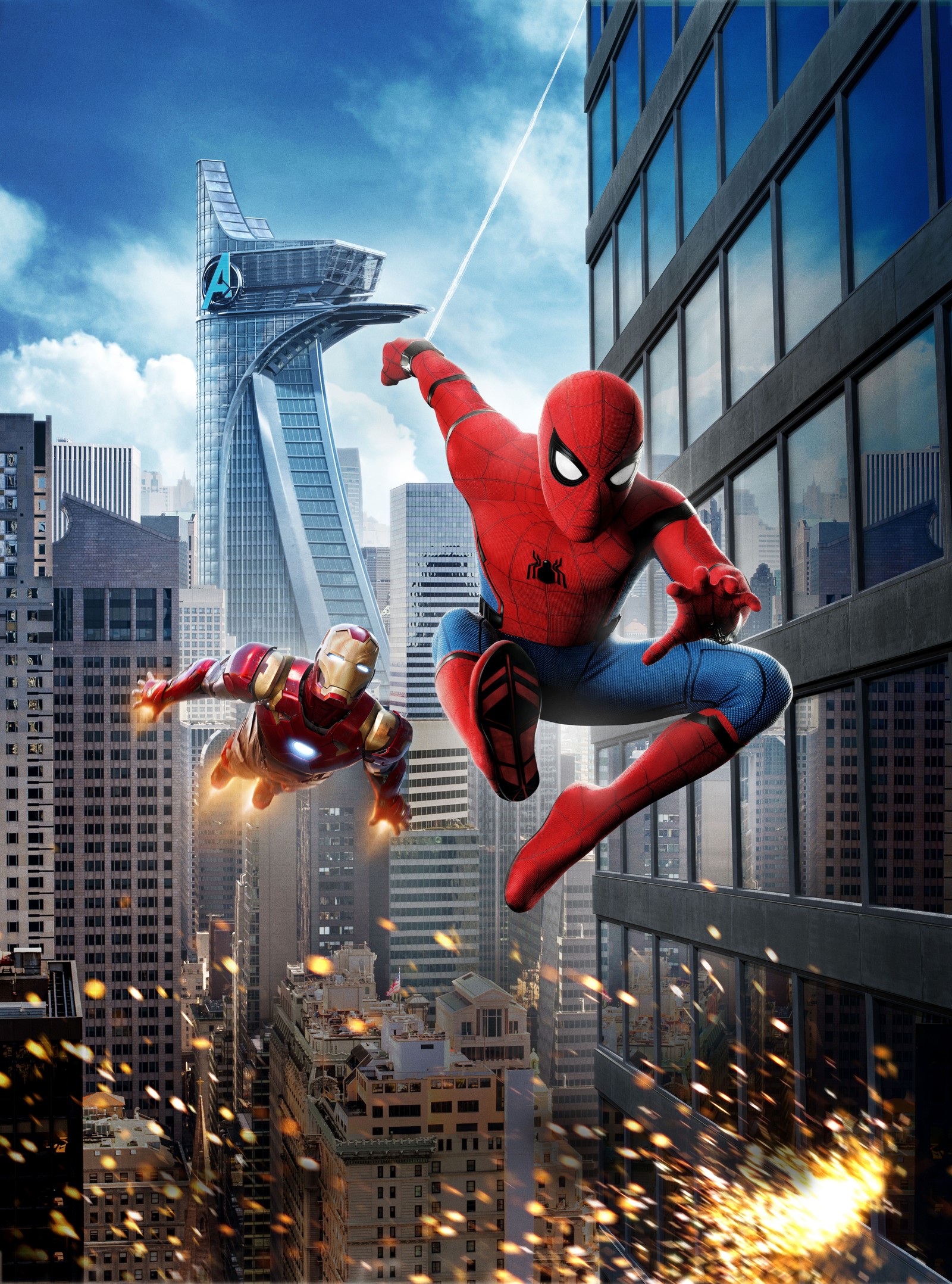 Spider-man y iron man vuelan por la ciudad en una escena de la película (vengadores, avengers, hd, regreso a casa, marvel)