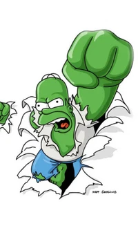 Homer Simpson als der Hulk, der mit einem wütenden Gesichtsausdruck durch eine Wand bricht.