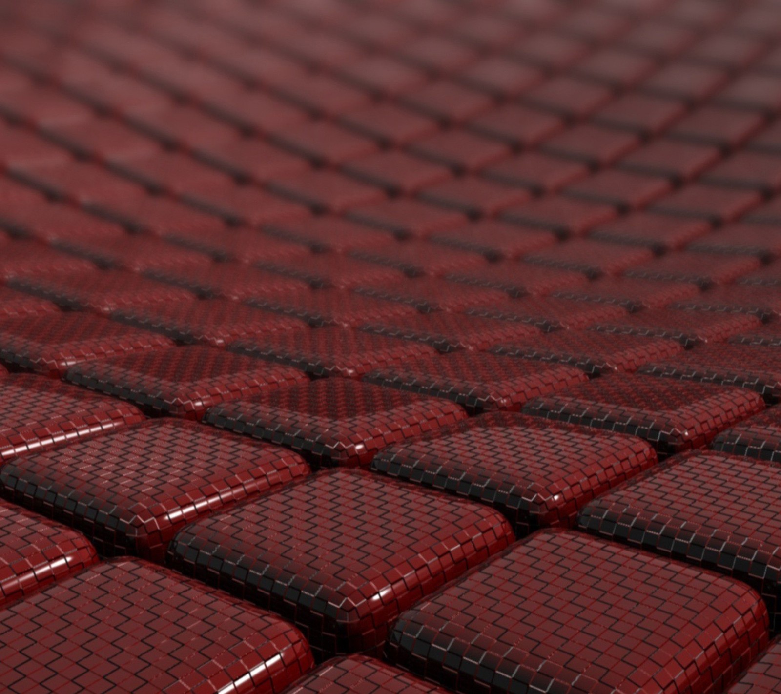 Un primer plano de un suelo de baldosas rojas y negras con una silla roja (3d, cubo, dado, brillo, rojo)