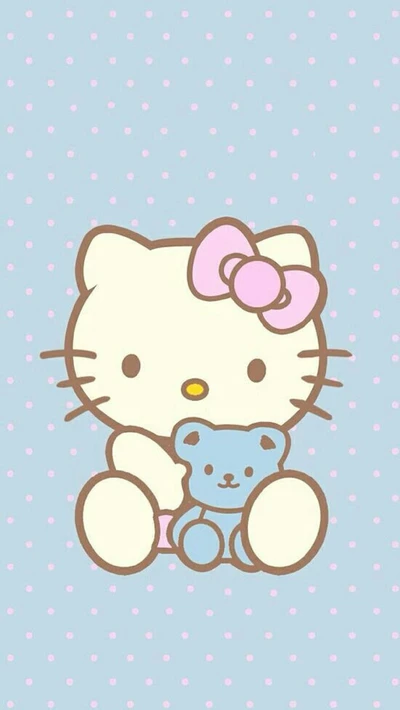 Hello Kitty com um urso azul em um fundo de bolinhas