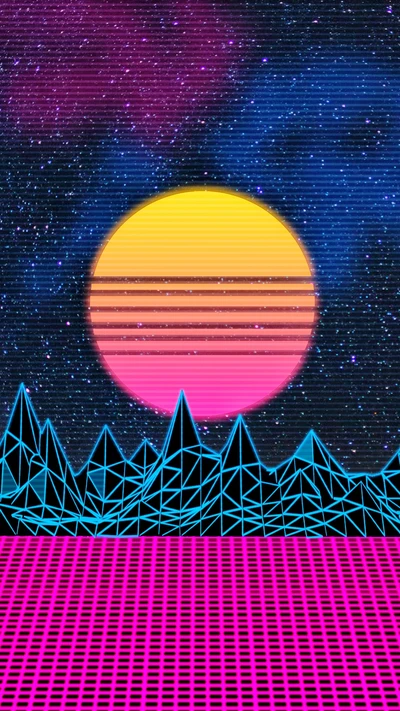 Retro 80s Sunset with a Galaxy Grid in Pink and Blue