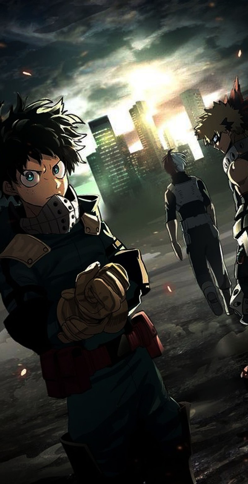 Персонажи аниме в городе с небоскребами на заднем плане (deku, my hero academia)