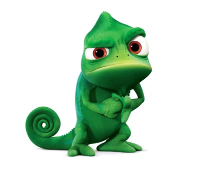 A green chameleon character with large expressive eyes, standing with a slightly annoyed expression.