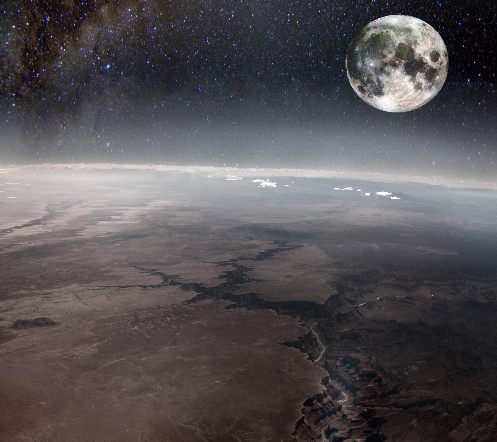 Uma vista da lua e da terra do espaço (cânion, grande, paisagem, natureza, novo)