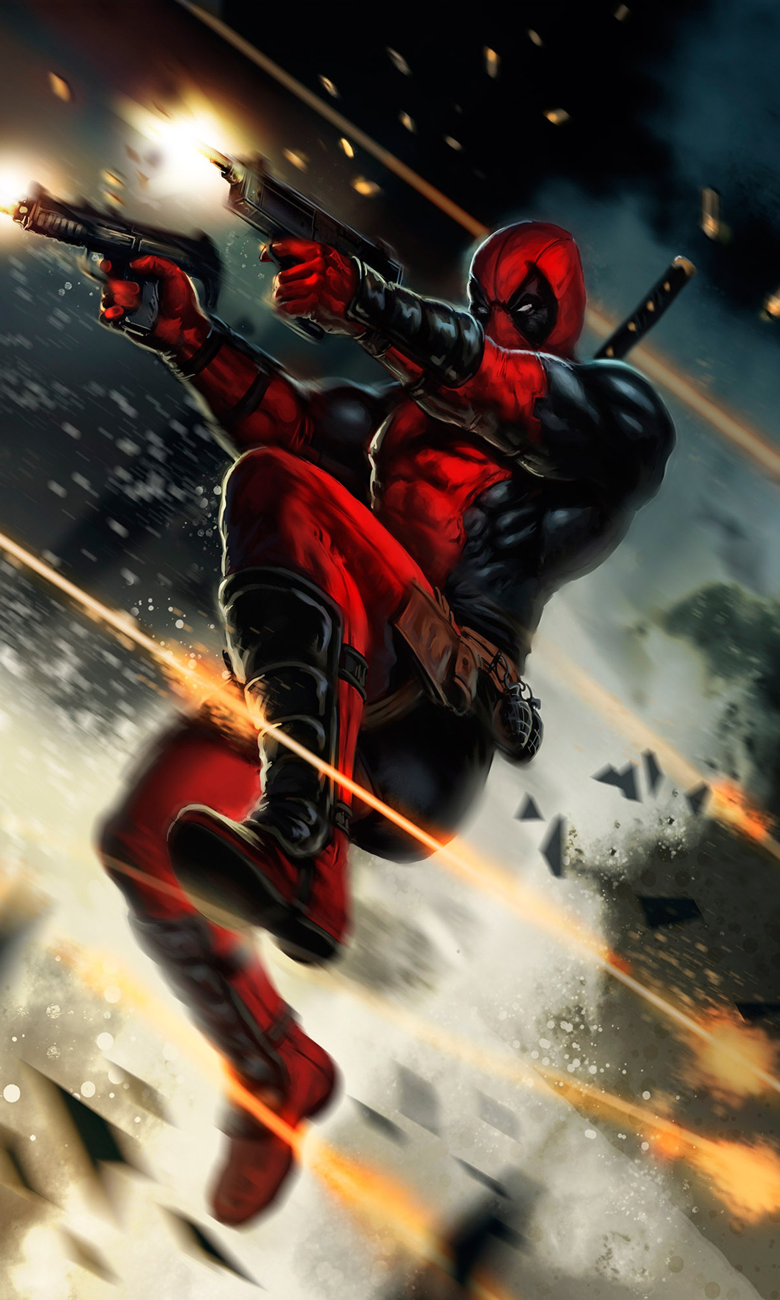 Deadpool is flying through the air with his gun (action, deadpool, fire, marvel, superhero)