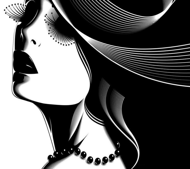 A black and white illustration of a woman with a hat (beauty, black, white)