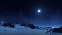 full moon, night sky, snow covered, foggy, landscape wallpaper