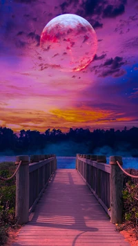 Puente sereno bajo un vibrante cielo morado iluminado por la luna