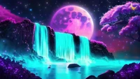 Nuit enchantée : cascade sous un ciel éclairé par la lune au milieu des cerisiers en fleurs