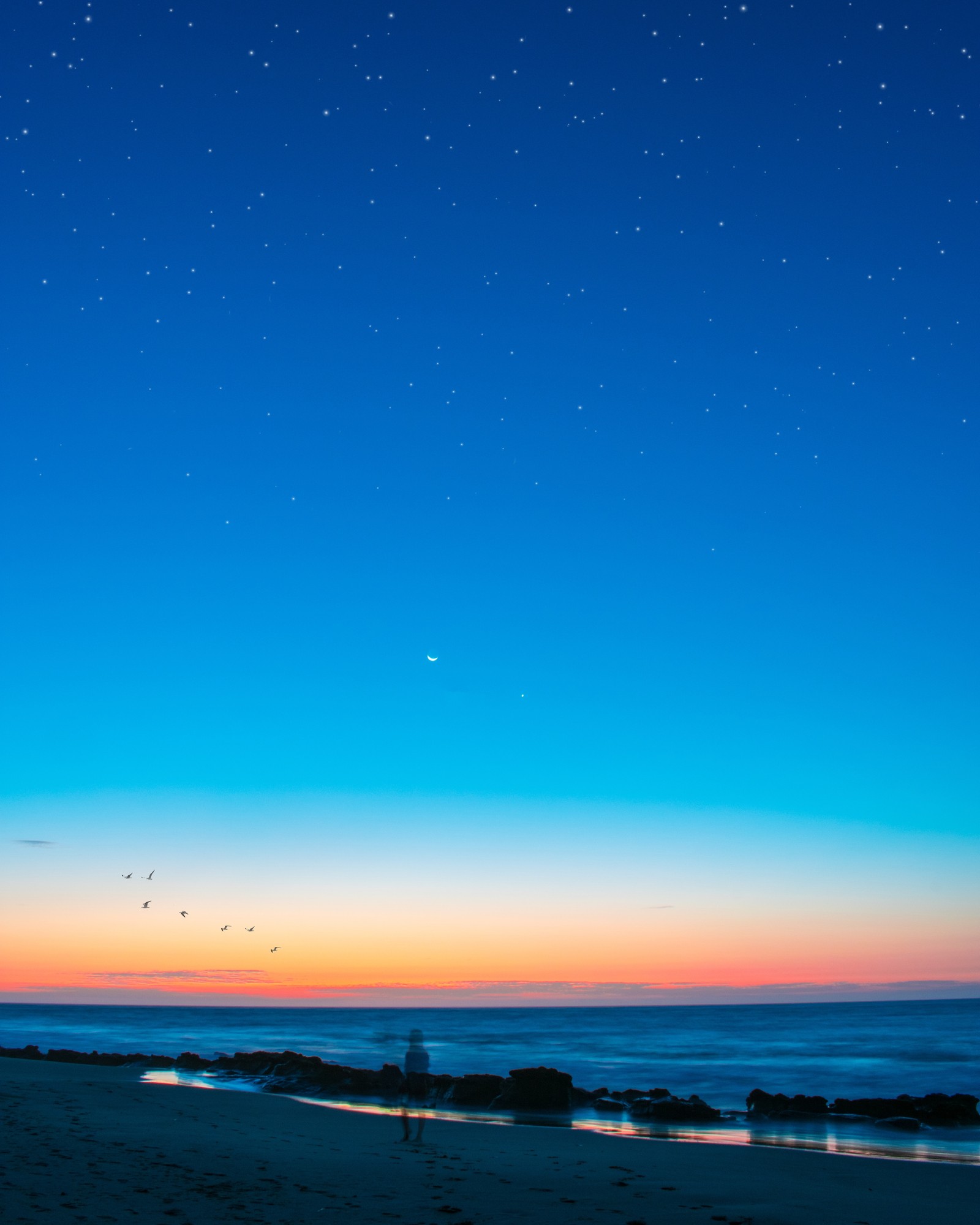 Ciel étoilé au-dessus de l'océan et de la plage au coucher du soleil (horizon, bleu, mer, océan, atmosphère)