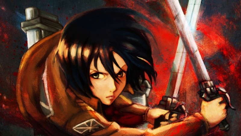 Картина женщины с двумя мечами в руках (mikasa ackerman, атака титанов, attack on titan, леви, levi)